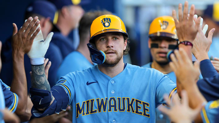 Apr 18, 2026; Miami, Florida, USA; Milwaukee Brewers second baseman Brice Turang (2) celebrates with teammates after hitting a two-run home against the Miami Marlins during the fifth inning at loanDepot Park. Mandatory Credit: Sam Navarro-Imagn Images