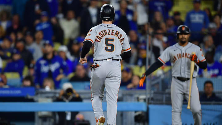 Sep 21, 2023; Los Angeles, California, USA; San Francisco Giants right fielder Mike Yastrzemski (5)