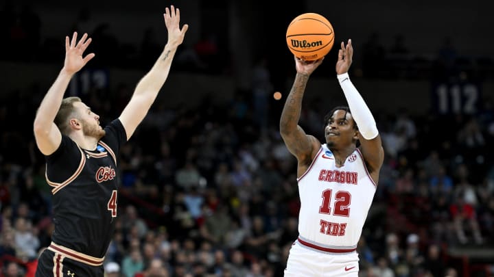 Mar 22, 2024; Spokane, WA, USA; Alabama Crimson Tide guard Latrell Wrightsell Jr. (12) shoots Mar 22, 2024; Spokane, WA, USA; Alabama Crimson Tide guard Latrell Wrightsell Jr. (12) shoots