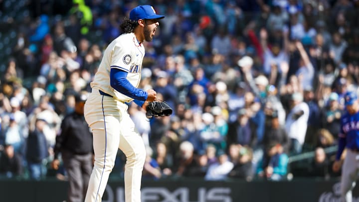 Seattle Mariners closer Andres Munoz celebrates after a win against the Texas Rangers on April 13 at T-Mobile Park. Seattle Mariners closer Andres Munoz celebrates after a win against the Texas Rangers on April 13 at T-Mobile Park.