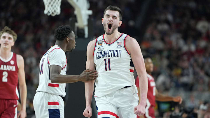 Connecticut Huskies forward Alex Karaban celebrates after a play against the Alabama Crimson Tide.