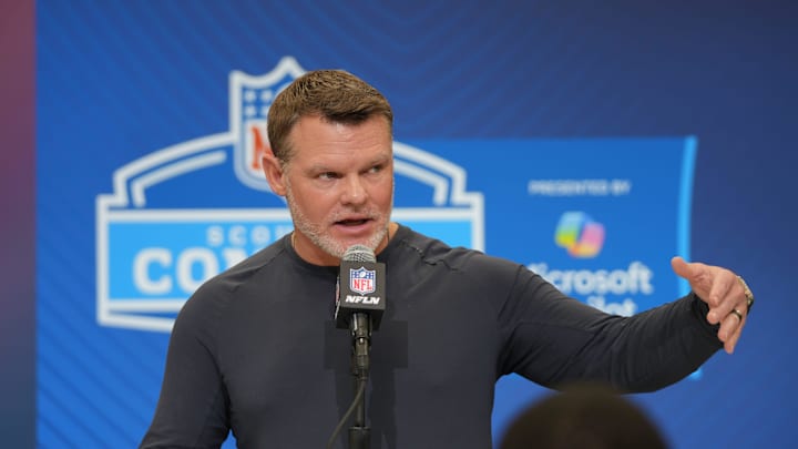 Indianapolis Colts general manager Chris Ballard speaks to the media during the 2025 NFL draft.