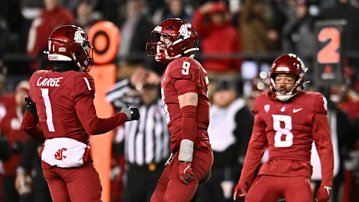Nov 29, 2025; Pullman, Washington, USA; Washington State Cougars linebacker Caleb Francl (9) celebrate after an interception against the Oregon State Beavers in the first half at Gesa Field at Martin Stadium. Mandatory Credit: James Snook-Imagn Images