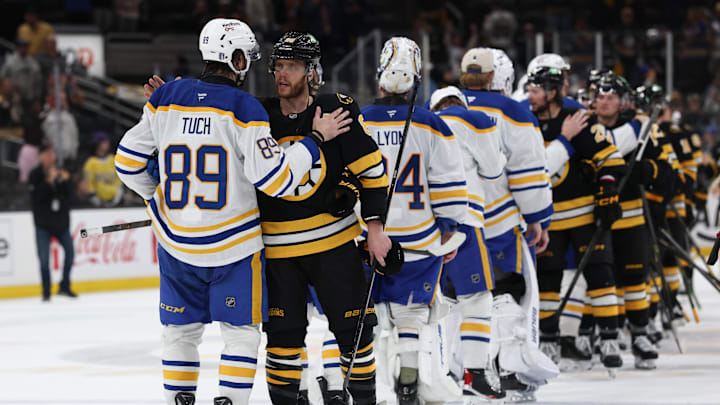 May 1, 2026; Boston, Massachusetts, USA; Boston Bruins right wing David Pastrnak (88) congratulates Buffalo Sabres right wing Alex Tuch (89) after game six of the first round of the 2026 Stanley Cup Playoffs at TD Garden. Mandatory Credit: Winslow Townson-Imagn Images