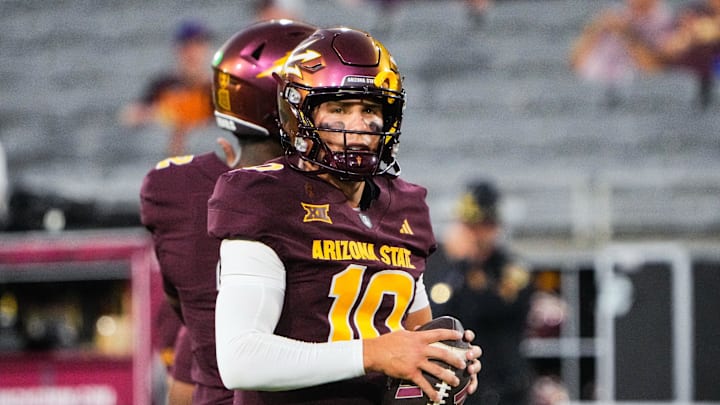 Arizona State Sun Devils quarterback Sam Leavitt warms up before the game between Arizona State Sun Devils and Texas State Bobcats. Arizona State Sun Devils quarterback Sam Leavitt warms up before the game between Arizona State Sun Devils and Texas State Bobcats.