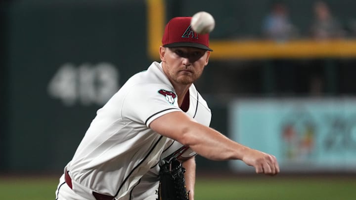 Mar 30, 2026; Phoenix, Arizona, USA; Arizona Diamondbacks pitcher Michael Soroka (34) throws against the Detroit Tigers in the first inning at Chase Field. Mandatory Credit: Rick Scuteri-Imagn Images