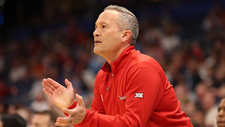 Mar 20, 2026; Tampa, FL, USA; Texas Tech Red Raiders head coach Grant McCasland in the first half against the Akron Zips during a first round game of the men's 2026 NCAA Tournament at Benchmark International Arena. Mandatory Credit: Nathan Ray Seebeck-Imagn Images