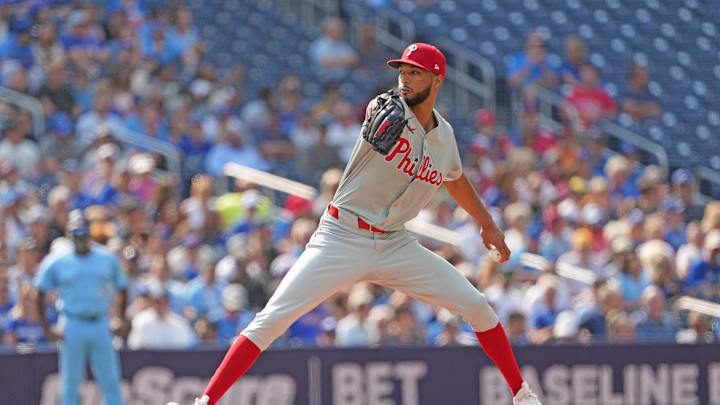 Sep 4, 2024; Toronto, Ontario, CAN; Philadelphia Phillies starting pitcher Cristopher Sanchez (61) throws a pitch against the Toronto Blue Jays during the first inning at Rogers Centre.