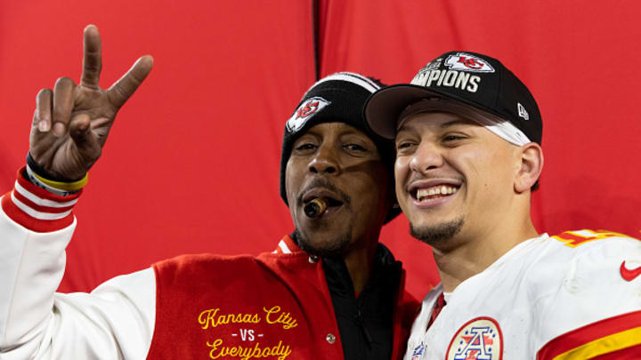 Mahomes and his father celebrating after the 2024 AFC championship game win over the Baltimore Ravens. 