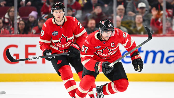 Nathan MacKinnon and Sidney Crosby on the ice for Canada during the 4-Nations Face-Off.