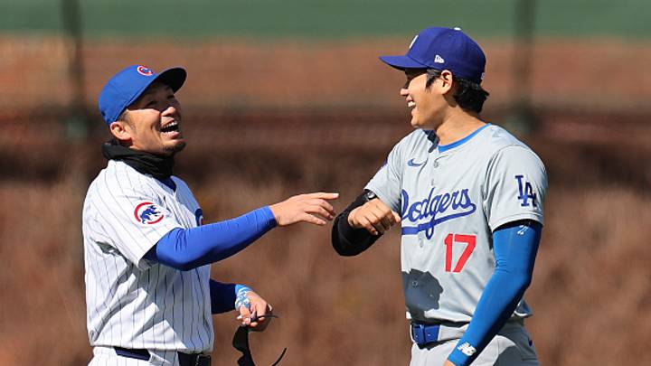 Seiya Suzuki (Cubs) y Shohei Ohtani (Dodgers) durante un partido de Grandes Ligas. Seiya Suzuki (Cubs) y Shohei Ohtani (Dodgers) durante un partido de Grandes Ligas.