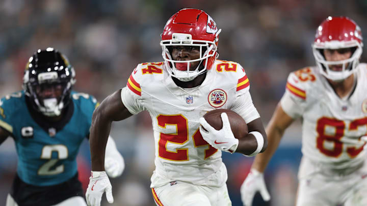 Oct 6, 2025; Jacksonville, Florida, USA; Kansas City Chiefs running back Brashard Smith (24) runs during the second half against the Jacksonville Jaguars at EverBank Stadium. Mandatory Credit: Morgan Tencza-Imagn Images