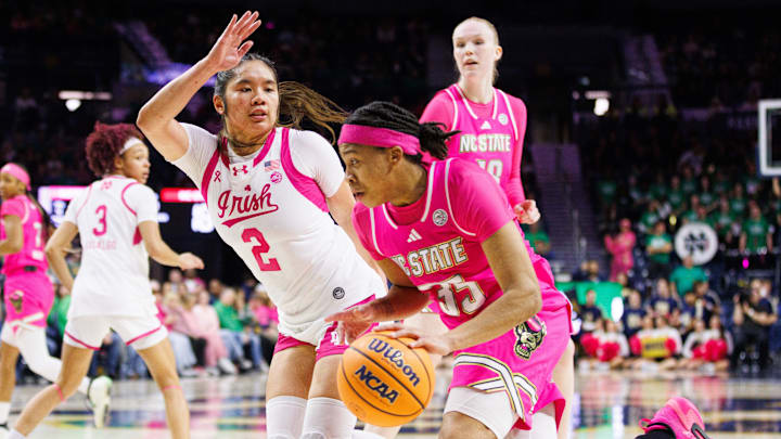 NC State guard Zoe Brooks (35) drives to the basket against Notre Dame guard Vanessa de Jesus (2) during an NCAA women's basketball game at Purcell Pavilion on Sunday, Feb. 15, 2026, in South Bend.