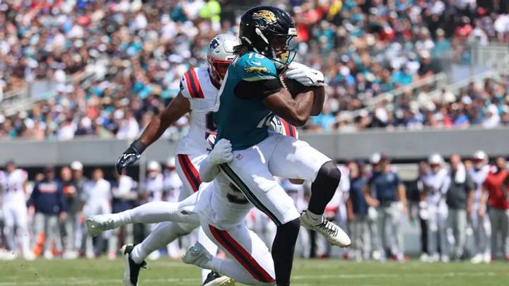 Josh Cameron hauls in the 12-yard touchdown against last year's AFC champion New England Patriots. Josh Cameron hauls in the 12-yard touchdown against last year's AFC champion New England Patriots.