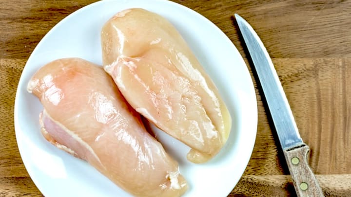 Raw chicken breasts often sport white stripes.