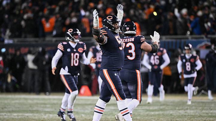 Jan 18, 2026; Chicago, IL, USA; Chicago Bears offensive tackle Darnell Wright (58) celebrates the game-tying extra point by placekicker Cairo Santos (not pictured) against the Los Angeles Rams with eighteen seconds remaining in the fourth quarter of an NFC Divisional Round game at Soldier Field. Mandatory Credit: Matt Marton-Imagn Images Jan 18, 2026; Chicago, IL, USA; Chicago Bears offensive tackle Darnell Wright (58) celebrates the game-tying extra point by placekicker Cairo Santos (not pictured) against the Los Angeles Rams with eighteen seconds remaining in the fourth quarter of an NFC Divisional Round game at Soldier Field. Mandatory Credit: Matt Marton-Imagn Images
