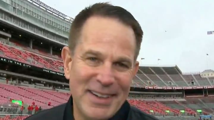 Indiana football coach Curt Cignetti speaks to ESPN reporter Jess Sims on College Gameday ahead of the Hoosiers' game against the Ohio State Buckeyes on November 23, 2024. 