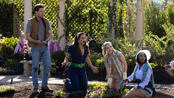 GROSSE POINTE GARDEN SOCIETY -- "Companion Planting" Episode 103 -- Pictured: (l-r) Ben Rappaport as Brett, Melissa Fumero as Birdie, AnnaSophia Robb as Alice, Aja Naomi King as Catherine -- (Photo by: Mark Hill/NBC)