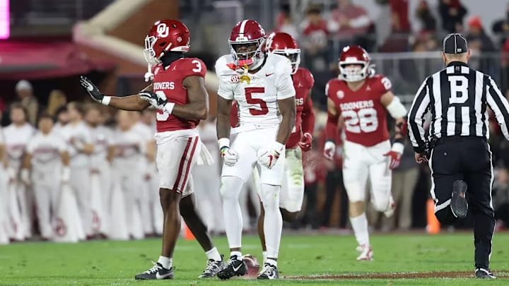 Alabama Wide Receiver Germie Bernard (5) celebrates against Oklahoma at Gaylord Family - Oklahoma Memorial Stadium in Norman, OK on Saturday, Nov 23, 2024.