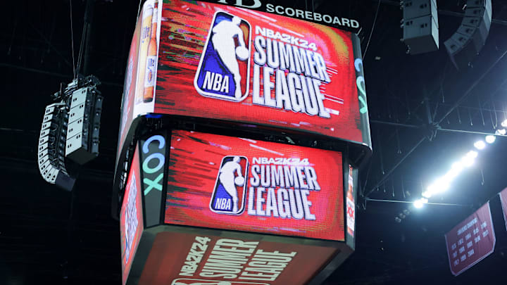 NBA Summer league logos are shown on the scoreboard before a 2023 NBA Summer League game between the Denver Nuggets and the Milwaukee Bucks at the Thomas & Mack Center on July 07, 2023 in Las Vegas, Nevada. NBA Summer league logos are shown on the scoreboard before a 2023 NBA Summer League game between the Denver Nuggets and the Milwaukee Bucks at the Thomas & Mack Center on July 07, 2023 in Las Vegas, Nevada.