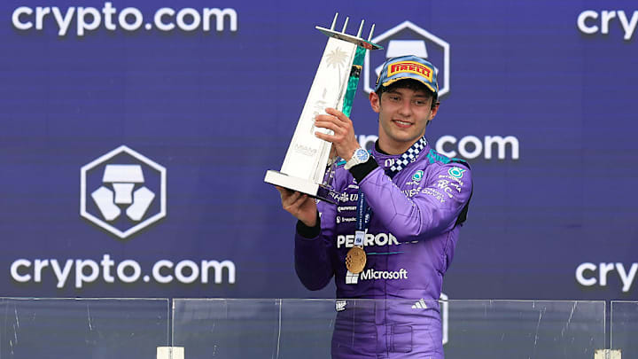 Kimi Antonelli celebrates after winning the 2026 Miami Grand Prix.