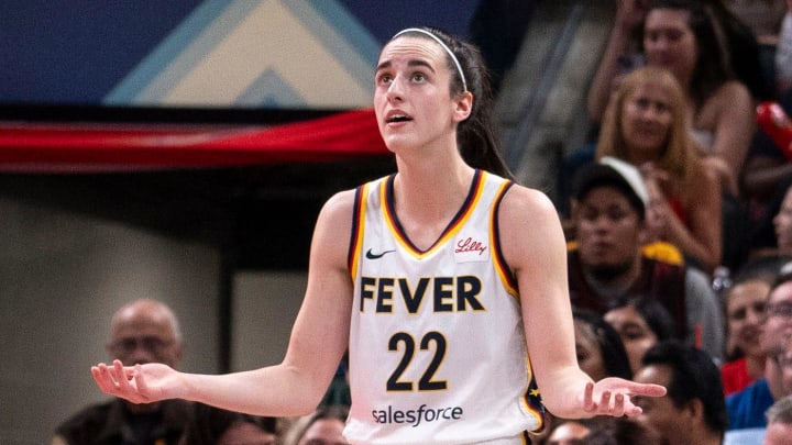 Indiana Fever guard Caitlin Clark (22) reacts after a foul Wednesday, June 19, 2024, during the game at Gainbridge Fieldhouse in Indianapolis. The Indiana Fever defeated the Washington Mystics, 88 - 81.