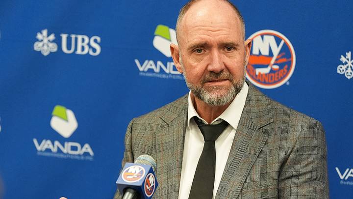 Apr 12, 2026; Elmont, New York, USA; New York Islanders head coach Peter DeBoer speaks to the media after a game against the Montreal Canadiens at UBS Arena. Mandatory Credit: Alexander Wohl-Imagn Images