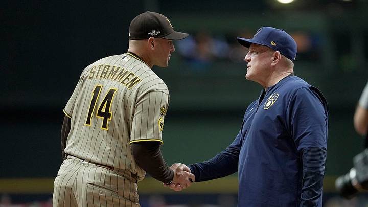 San Diego Padres manager Craig Stammen shakes hands with Milwaukee Brewers manager Pat Murphy before their National League Division Series game at American Family Field on Oct 3, 2026. San Diego Padres manager Craig Stammen shakes hands with Milwaukee Brewers manager Pat Murphy before their National League Division Series game at American Family Field on Oct 3, 2026.