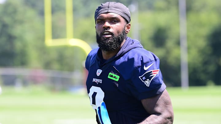 Jul 26, 2024; Foxborough, MA, USA; New England Patriots linebacker Ja'Whaun Bentley (8) leaves the field after training camp at Gillette Stadium. 