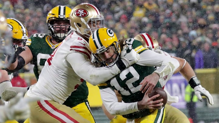 San Francisco 49ers defensive end Arik Armstead (91) sacks Green Bay Packers quarterback Aaron
