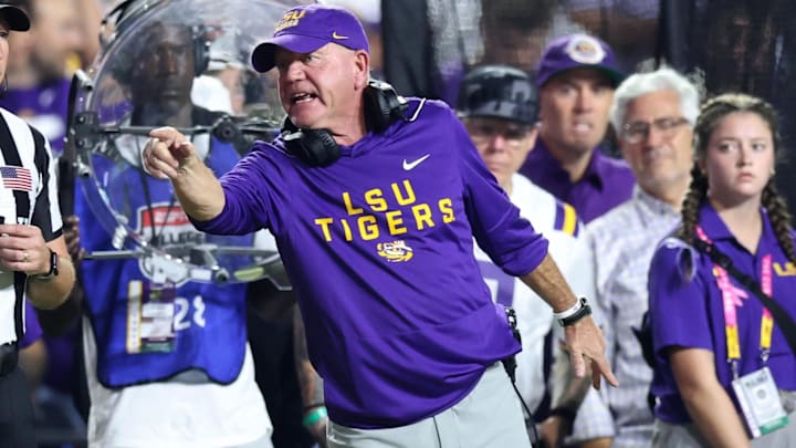 Oct 25, 2025; Baton Rouge, Louisiana, USA; Louisiana State Tigers head coach Brian Kelly during the first half against the Texas A&M Aggies at Tiger Stadium. Mandatory Credit: Stephen Lew-Imagn Images
