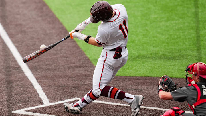 Blacksburg, VA — Ethan Ball swings on a pitch vs NC State in game 2, 2026,