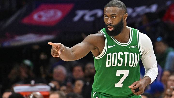 Apr 26, 2026; Philadelphia, Pennsylvania, USA; Boston Celtics guard Jaylen Brown (7) reacts after making a three point basket against the Philadelphia 76ers during the second half at Xfinity Mobile Arena. Mandatory Credit: Eric Hartline-Imagn Images Apr 26, 2026; Philadelphia, Pennsylvania, USA; Boston Celtics guard Jaylen Brown (7) reacts after making a three point basket against the Philadelphia 76ers during the second half at Xfinity Mobile Arena. Mandatory Credit: Eric Hartline-Imagn Images