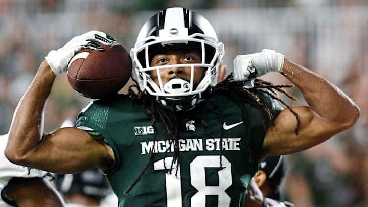 Michigan State's Felton Davis III celebrates after scoring on a two-point conversion during the fourth quarter on Friday, Aug. 31, 2018, at Spartan Stadium in East Lansing.
2018 Msu Football 005 Michigan State's Felton Davis III celebrates after scoring on a two-point conversion during the fourth quarter on Friday, Aug. 31, 2018, at Spartan Stadium in East Lansing.
2018 Msu Football 005