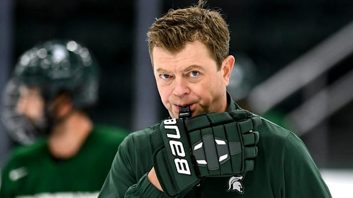 Michigan State's head coach Adam Nightingale blows a whistle in practice during hockey media day on Wednesday, Sept. 27, 2023, at Munn Arena in East Lansing.
