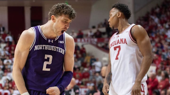 Northwestern's Nick Martinelli (2) celebrates during the Indiana versus Northwestern men's basketball game at Simon Skjodt Assembly Hall on Tuesday, Feb. 24, 2026.
