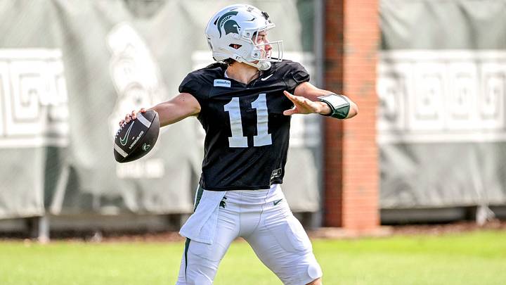 Michigan State quarterback Alessio Milivojevic throws a pass during football practice on Monday, Aug. 17, 2026, in East Lansing.