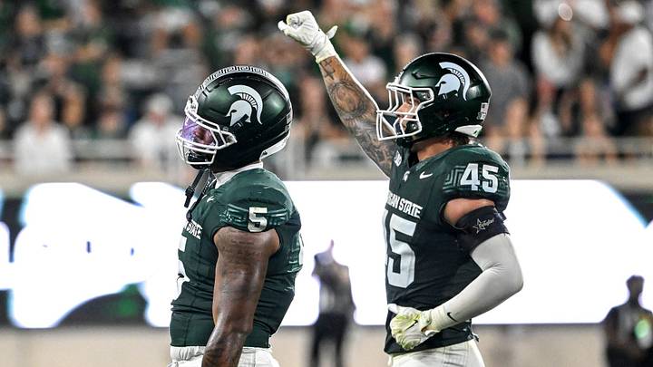Michigan State’s Jordan Hall, left, and Brady Pretzlaff celebrate a stop against Toledo during the fourth quarter on Friday, Sept. 4, 2026, at Spartan Stadium in East Lansing. Michigan State’s Jordan Hall, left, and Brady Pretzlaff celebrate a stop against Toledo during the fourth quarter on Friday, Sept. 4, 2026, at Spartan Stadium in East Lansing.