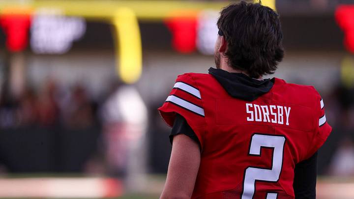 Texas Tech's Brendan Sorsby looks on during the spring football game, Friday, April 17, 2026, at Jones AT&T Stadium.