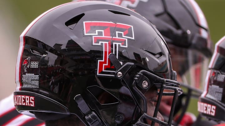 D'Anthis Upshaw Jr.'s helmet is seen before the Texas Tech football team's spring game, Saturday, April 19, 2025, at Jones AT&T Stadium.