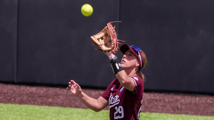 Mississippi State's Sierra Sacco catches a fly ball against Texas Tech during a game in the Lubbock Regional of the 2025 NCAA softball tournament, Saturday, May 17, 2025, at Rocky Johnson Field.