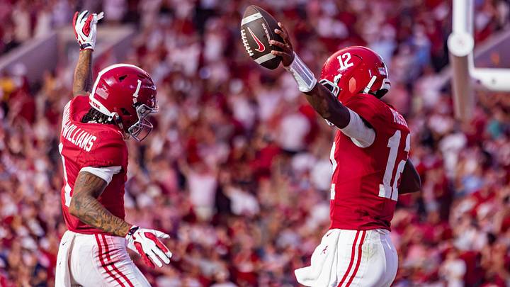 Alabama Quarterback Keelon Russell and Wide Receiver Ryan Coleman-Williams celebrate a touchdown in the second half of the game against FSU on Sept 19, 2026.