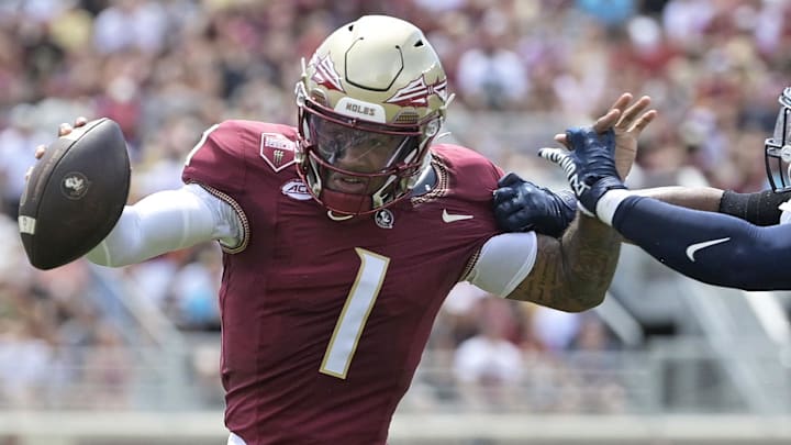 Sep 6, 2025; Tallahassee, Florida, USA; Florida State Seminoles quarterback Tommy Castellanos (1) runs the ball during the first half against the East Texas A&M Lions at Doak S. Campbell Stadium. Mandatory Credit: Melina Myers-Imagn Images