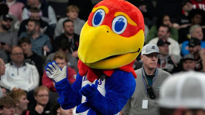 The Kansas Jayhawk mascot.
