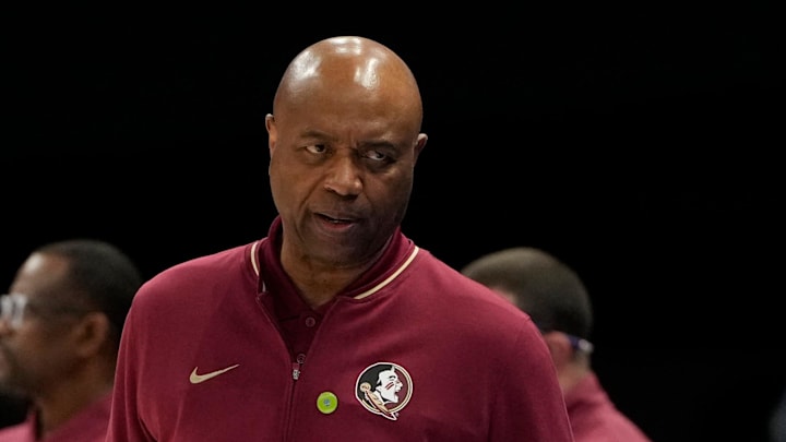 Mar 11, 2025; Charlotte, NC, USA; Florida State Seminoles head coach Leonard Hamilton reacts in the second half at Spectrum Center. Mandatory Credit: Bob Donnan-Imagn Images