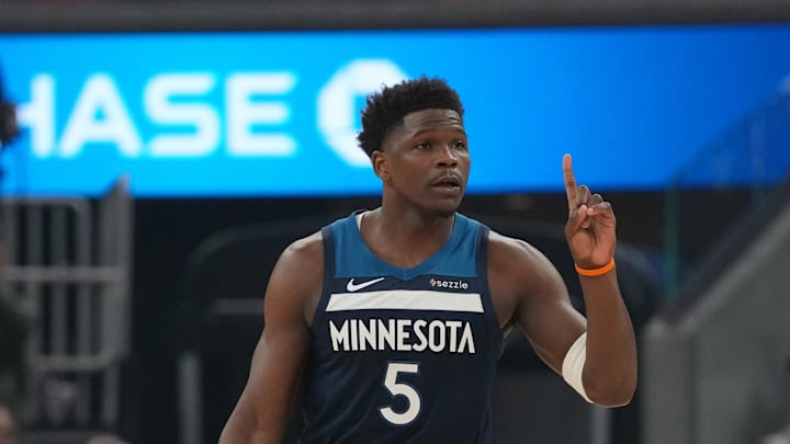 Mar 13, 2026; San Francisco, California, USA; Minnesota Timberwolves guard Anthony Edwards (5) dribbles the ball against the Golden State Warriors in the first quarter at the Chase Center. Mandatory Credit: Cary Edmondson-Imagn Images