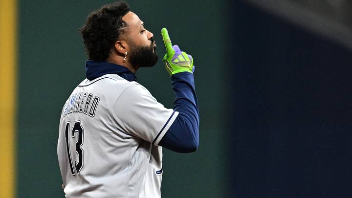 Oct 17, 2026: Tampa Bay Rays third baseman Junior Caminero (13) reacts after hitting an RBI double against the Cleveland Guardians during the sixth inning in game four of the ALCS for the 2026 MLB Playoffs at Progressive Field. Credit: Ken Blaze-Imagn Images