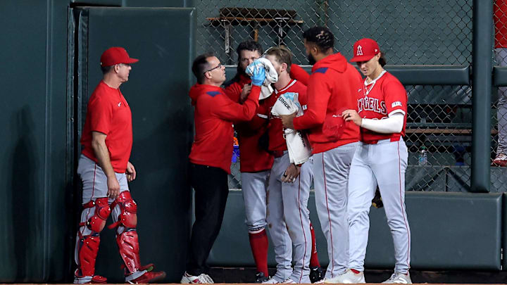 Taylor Ward was hurt when he ran into the wall at Daikin Park on Sunday.