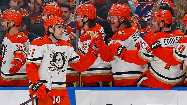 Apr 22, 2026; Edmonton, Alberta, CAN; The Anaheim Ducks celebrate a goal scored by  forward Cutter Gauthier (61) during the first period against the Edmonton Oilers  in game two of the first round of the 2026 Stanley Cup Playoffs at Rogers Place. Mandatory Credit: Perry Nelson-Imagn Images