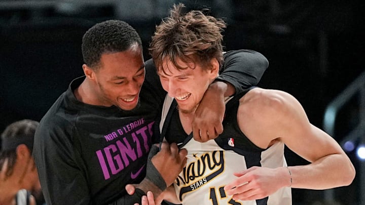 Team Detlef forward Matas Buzelis, right, of the G League Ignite celebrates with a teammate after Team Detlef forward Matas Buzelis, right, of the G League Ignite celebrates with a teammate after